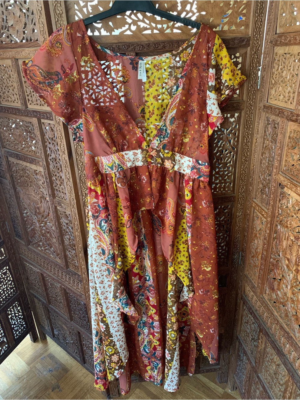 Boho Patchwork Maxi Duster in Rust & Mustard